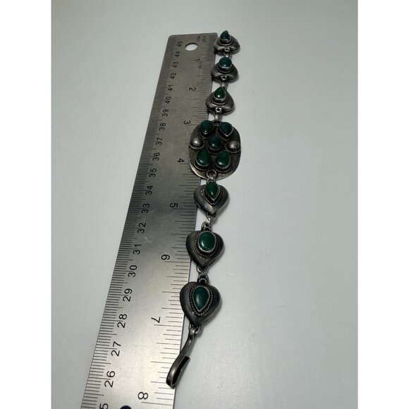 Vintage Sterling Silver Green Chalcedony Bracelet 7.5” Mexican Art Deco Style - Picture 14 of 14